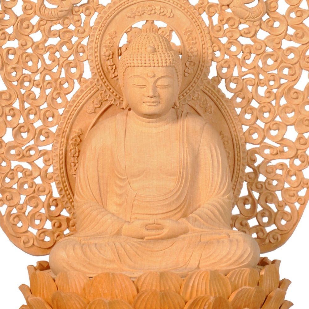 仏像 釈迦如来 座像 3.5寸 飛天光背 八角台 総高34cm 桧木 :5032:栗田